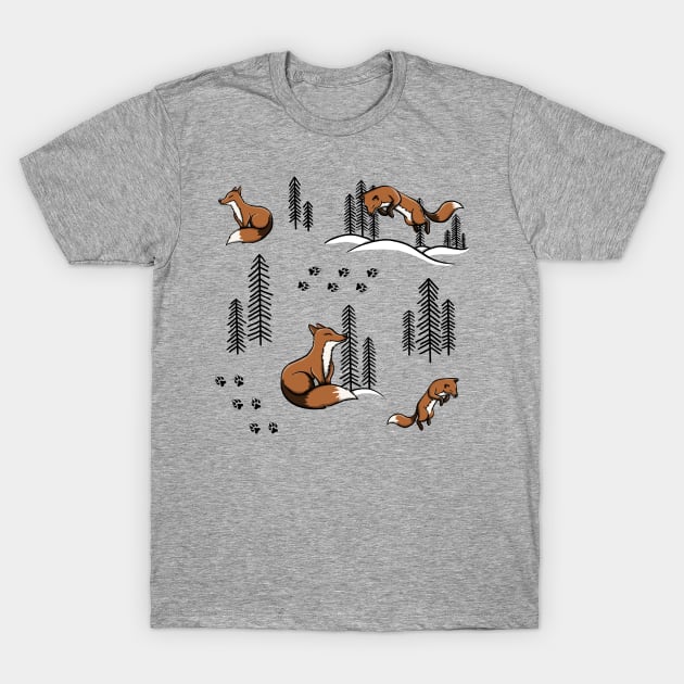 Wintery Fox in A Snowy Forest Pattern Digital Illustration T-Shirt by AlmightyClaire